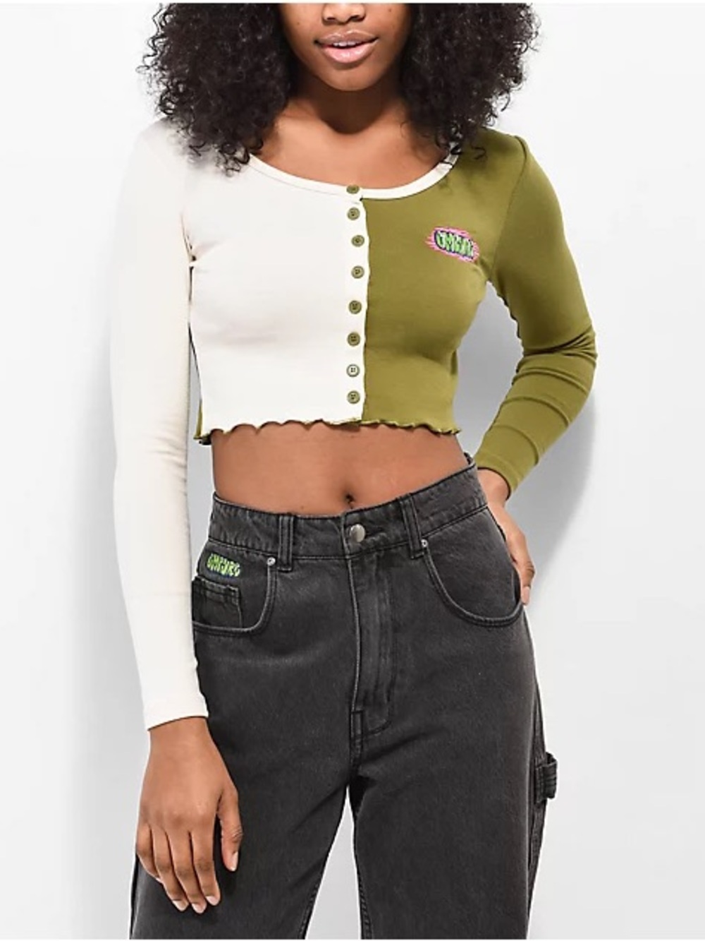 Empyre Verona Long Sleeve Button-Up Cropped Baby Tee Shirt Y2K Streetwear Grunge